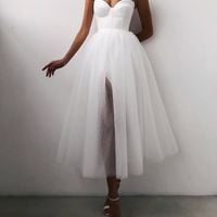 Cute A Line Sweetheart Spaghtti Straps Tulle Slit Prom Dresses - Thumbnail 1