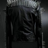 Mens Rock Long Metal Spiked Studded Black Leather Jacket, Veste en cuir homme - Thumbnail 1