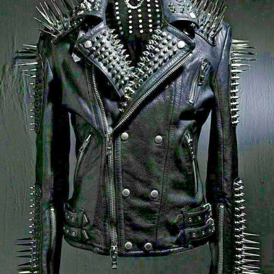 Mens rock long metal spiked studded black leather jacket, veste en cuir homme