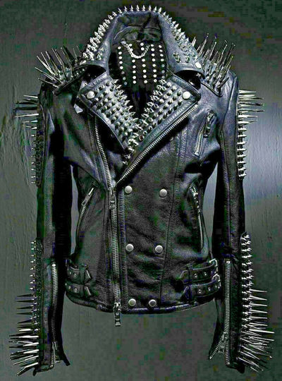 Mens Rock Long Metal Spiked Studded Black Leather Jacket, Veste en cuir homme