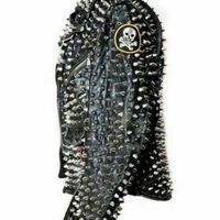 New Men Silver Studded Long Spiked Belted Leather Jacket with Custom Patches - Thumbnail 2