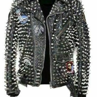 New men silver studded long spiked belted leather jacket with custom patches
