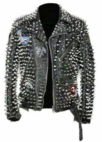New Men Silver Studded Long Spiked Belted Leather Jacket with Custom Patches