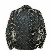 New Men Silver Studded Long Spiked Belted Leather Jacket with Custom Patches - Thumbnail 1