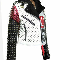Men's Handmade Victor Luna Multicolor Studded Rock Punk Real Leather Jacket - Thumbnail 1