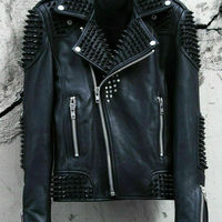 Latest Mens Full Black Heavy Metal Spiked Studded Punk Gangster Leather Jacket - Thumbnail 1