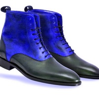 Blue & Black Contrast Derby Toe Vintage Leather High Ankle Lace Up Handmade Boots - Thumbnail 1