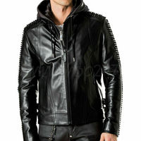 New Philips Plein Lion Printed Back, Black Spiked Metal Studded Leather Hoodie - Thumbnail 4