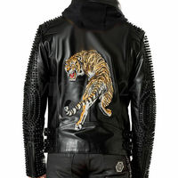 New Philips Plein Lion Printed Back, Black Spiked Metal Studded Leather Hoodie - Thumbnail 1