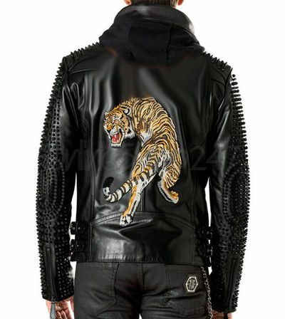 New Philips Plein Lion Printed Back, Black Spiked Metal Studded Leather Hoodie