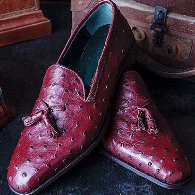 Men burgundy ostrich leather loafer penny slip casual shoes