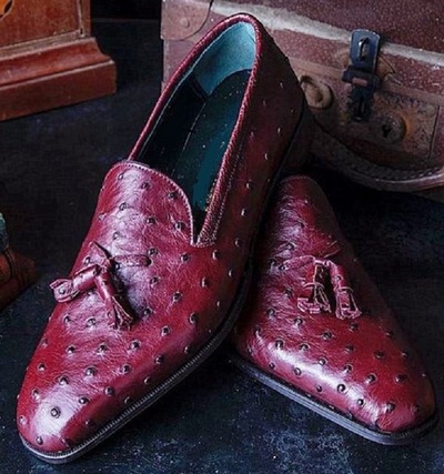 Men Burgundy Ostrich Leather Loafer Penny Slip Casual Shoes