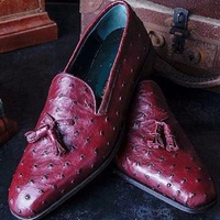 Men Burgundy Ostrich Leather Loafer Penny Slip Casual Shoes - Thumbnail 4
