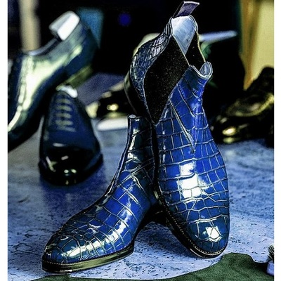 Handmade men blue alligator texture chelsea boots, winter ankle boots - Thumbnail 2