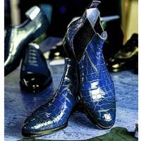 Handmade Men Blue Alligator Texture Chelsea Boots, Winter Ankle Boots - Thumbnail 1