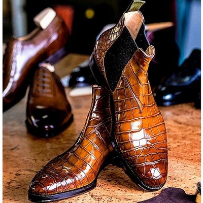 Handmade men tan alligator texture chelsea boots, winter ankle boots - Thumbnail 1