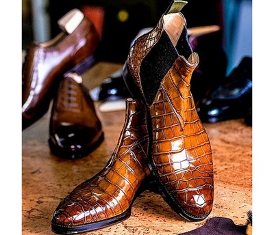 Handmade Men Tan Alligator Texture Chelsea Boots, Winter Ankle Boots
