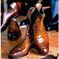 Handmade Men Tan Alligator Texture Chelsea Boots, Winter Ankle Boots - Thumbnail 4