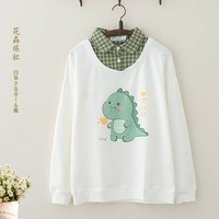 Japanese Kawaii Little Dinosaur Print Fake Two Piece Sweatshirt  - Thumbnail 2