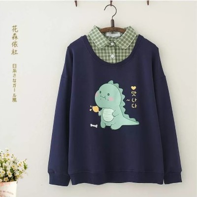 Japanese kawaii little dinosaur print fake two piece sweatshirt 