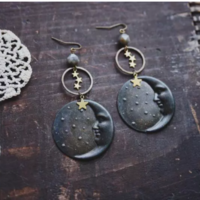 Bohemian Crescent Moon Labradorite Celestial Earrings - Thumbnail 2