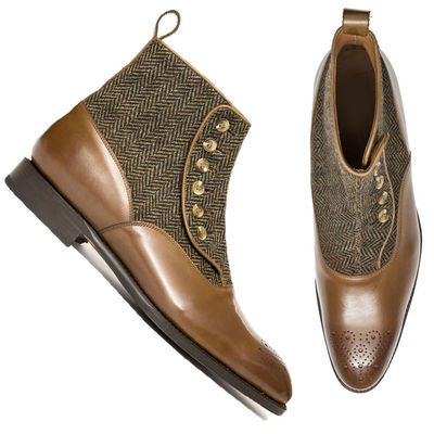 Hot sale brown tweed genuine leather handmade high ankle brogue toe buttons boots - Thumbnail 3