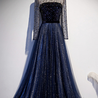 Elegant tulle sequins long prom dress blue evening dress - Thumbnail 5