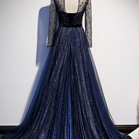Elegant tulle sequins long prom dress blue evening dress - Thumbnail 4