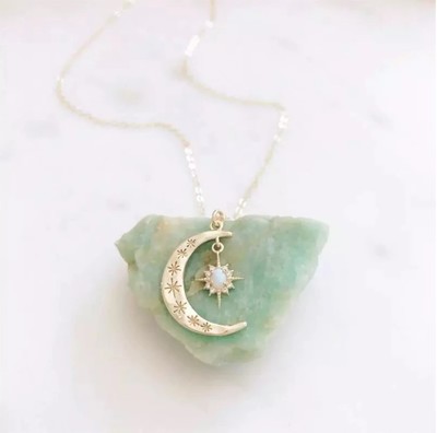Crescent Moon Star Opal Necklace