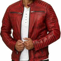  Genuine Leather Jacket Fitted Biker Man Vintage Real Motorcycle Red - Thumbnail 1