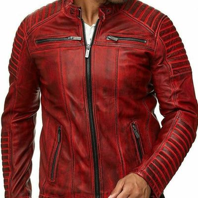  genuine leather jacket fitted biker man vintage real motorcycle red