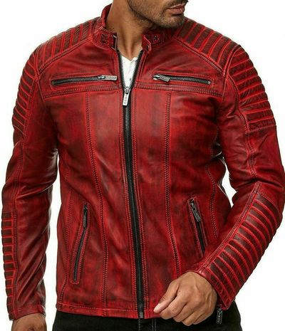  Genuine Leather Jacket Fitted Biker Man Vintage Real Motorcycle Red