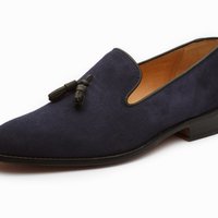 Luxury Navy Blue Tussles Loafer Suede Handmade Shoes For Men's - Thumbnail 1