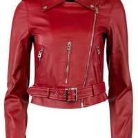 Women Ladies UK Real Pure Genuine Leather Racing Style Moto Biker Jacket Red - Thumbnail 4