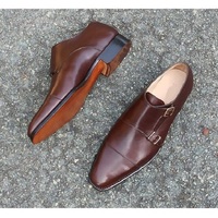 Classic Handmade Mens Double Monk Brown Dress Shoes, Brown Oxford Shoes for Men - Thumbnail 1