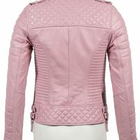 Women's Genuine Lambskin Leather Stylish Jacket Biker Motorcycle Slim Pink Coat - Thumbnail 1