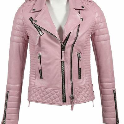 Women's genuine lambskin leather stylish jacket biker motorcycle slim pink coat
