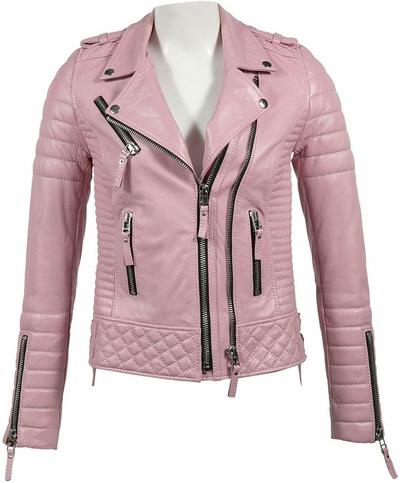 Women's Genuine Lambskin Leather Stylish Jacket Biker Motorcycle Slim Pink Coat