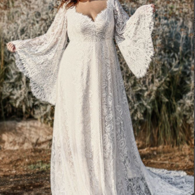Plus size boho wedding dress,wedding dress for curvy bride,plus size long sleeves bohemian wedding dress,657