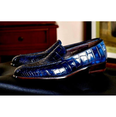 Handmade Men Blue Crocodile Textured Leather Moccasin Dress Shoes