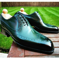 Handmade Green Black Brogue Dress Shoes for Men, Brogue Dress Shoes - Thumbnail 4