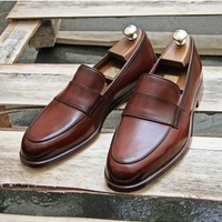Handmade Men's Dark Brown Moccasin Business Shoes, Real Leather Office Shoe - Thumbnail 1