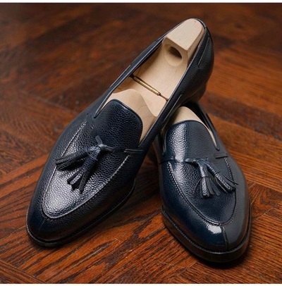 Handmade Men's Blue Tassels Slip Ons Business Shoes, Real Leather Shoe