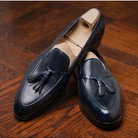 Handmade Men's Blue Tassels Slip Ons Business Shoes, Real Leather Shoe - Thumbnail 4