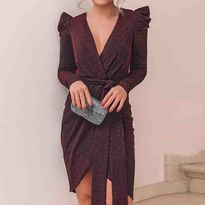 V-neck solid color long sleeve dress