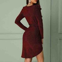 V-Neck Solid Color Long Sleeve Dress - Thumbnail 1