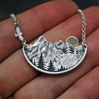 Adventure Awaits Mountain Landscape Silver Necklace - Thumbnail 3