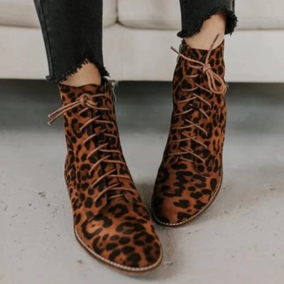 Chic lace up leopard print ankle boots - Thumbnail 1