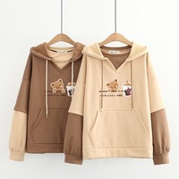 Fleece Harajuku Cartoon Bear Embroidery Casual Hoodies Sweatshirt - Thumbnail 1