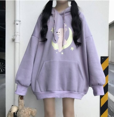 Japanese Kawaii Purple Cartoon Printed Loose Hoodie